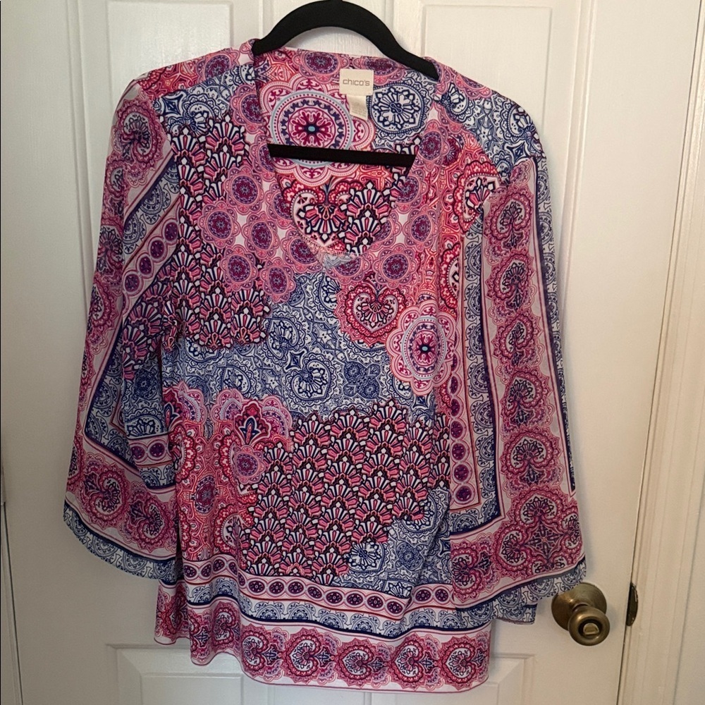 Chico's print kimono-wide 3/4 sleeve v neck blouse, lightweight, Chicos size 2